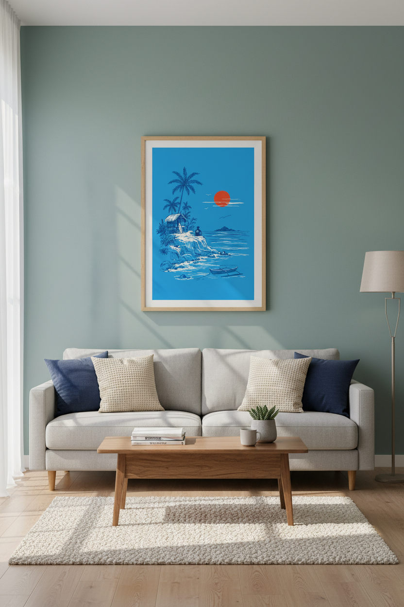 Surf Beach Sunset Wall Art | Tropical Blue &amp; Red Decor | Island Life Poster