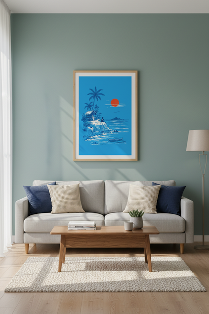 Surf Beach Sunset Wall Art | Tropical Blue &amp; Red Decor | Island Life Poster
