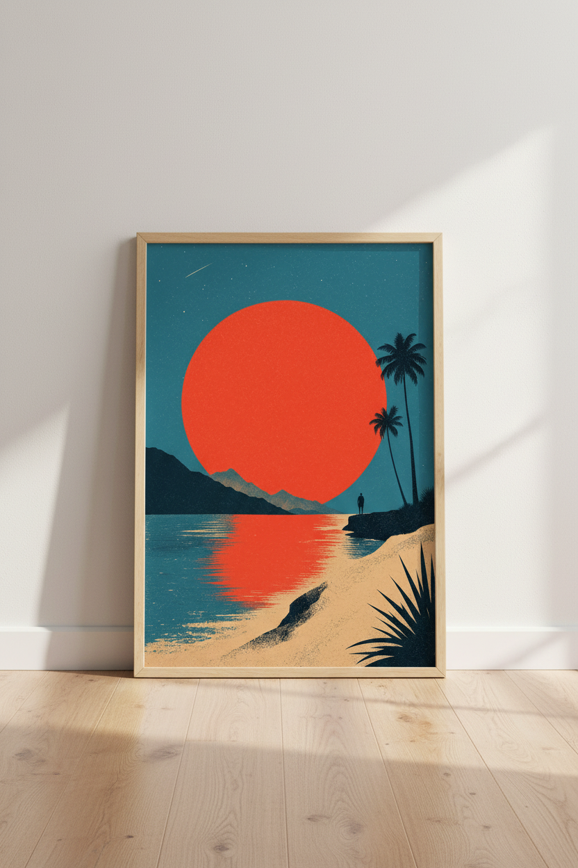 Retro Beach Sunset Wall Art Print | Tropical Minimalist Poster | Coastal Decor