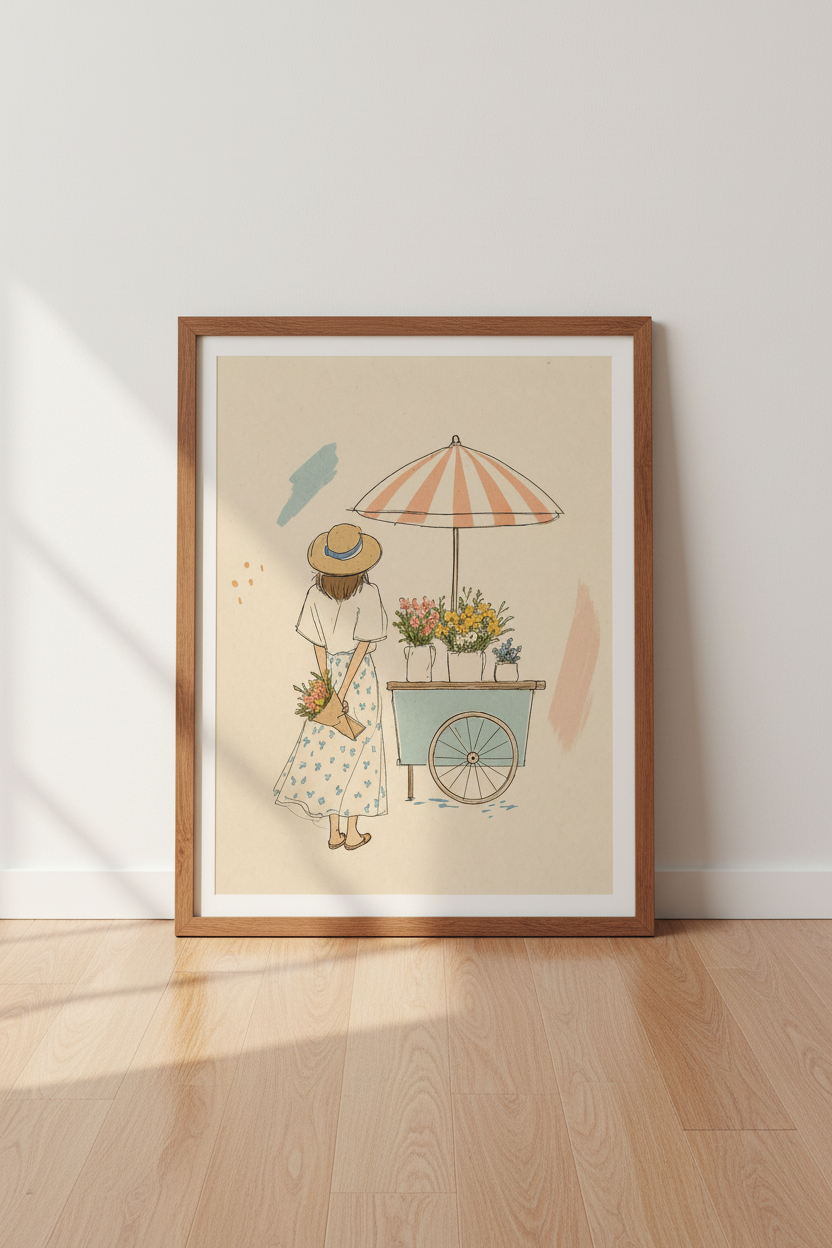 Flower Market Girl Wall Art | Pastel Summer Decor | Whimsical Illustration Poster