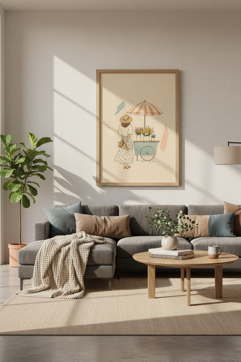 Flower Market Girl Wall Art | Pastel Summer Decor | Whimsical Illustration Poster