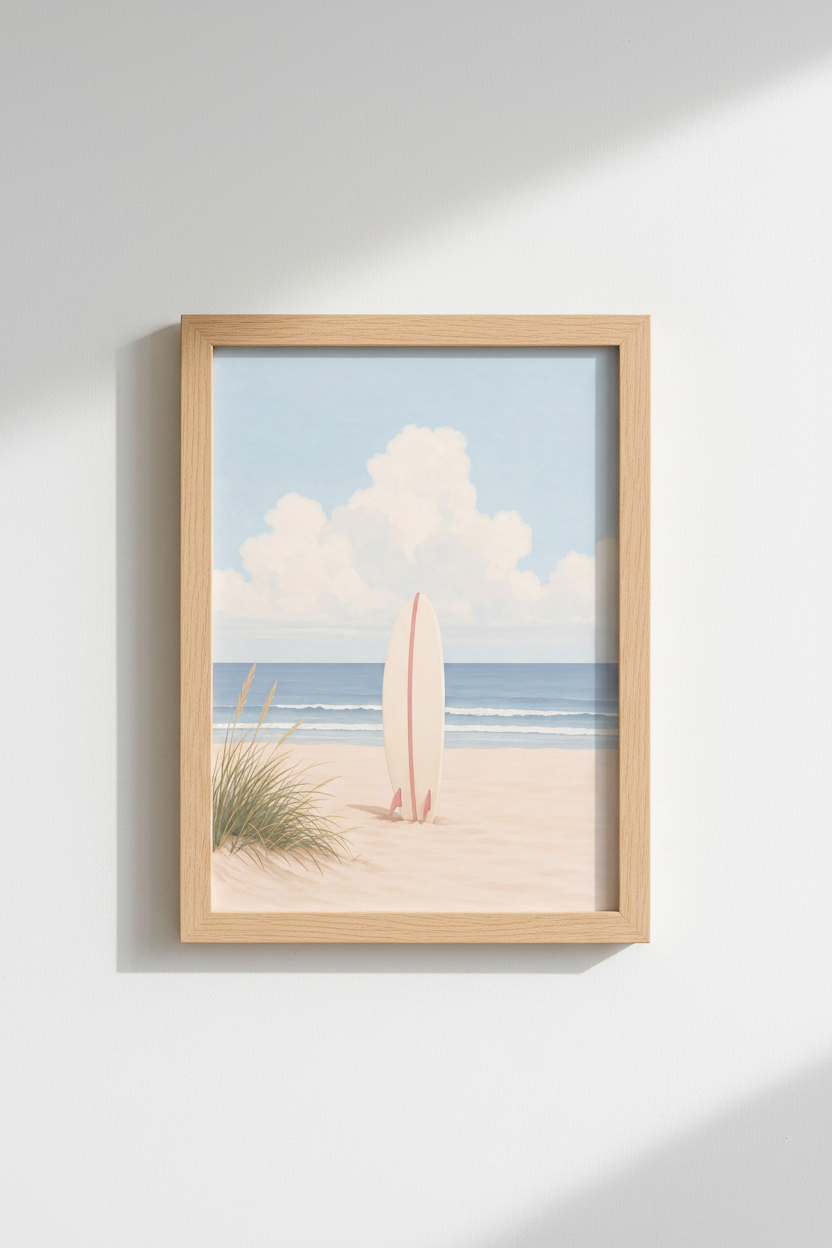 Coastal Surfboard Wall Art | Pastel Beach Painting, Ocean Coastal Decor Poster