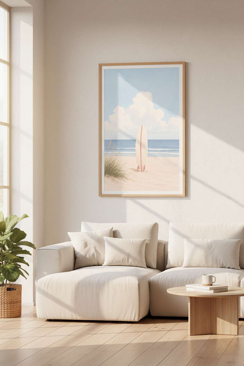 Coastal Surfboard Wall Art | Pastel Beach Painting, Ocean Coastal Decor Poster