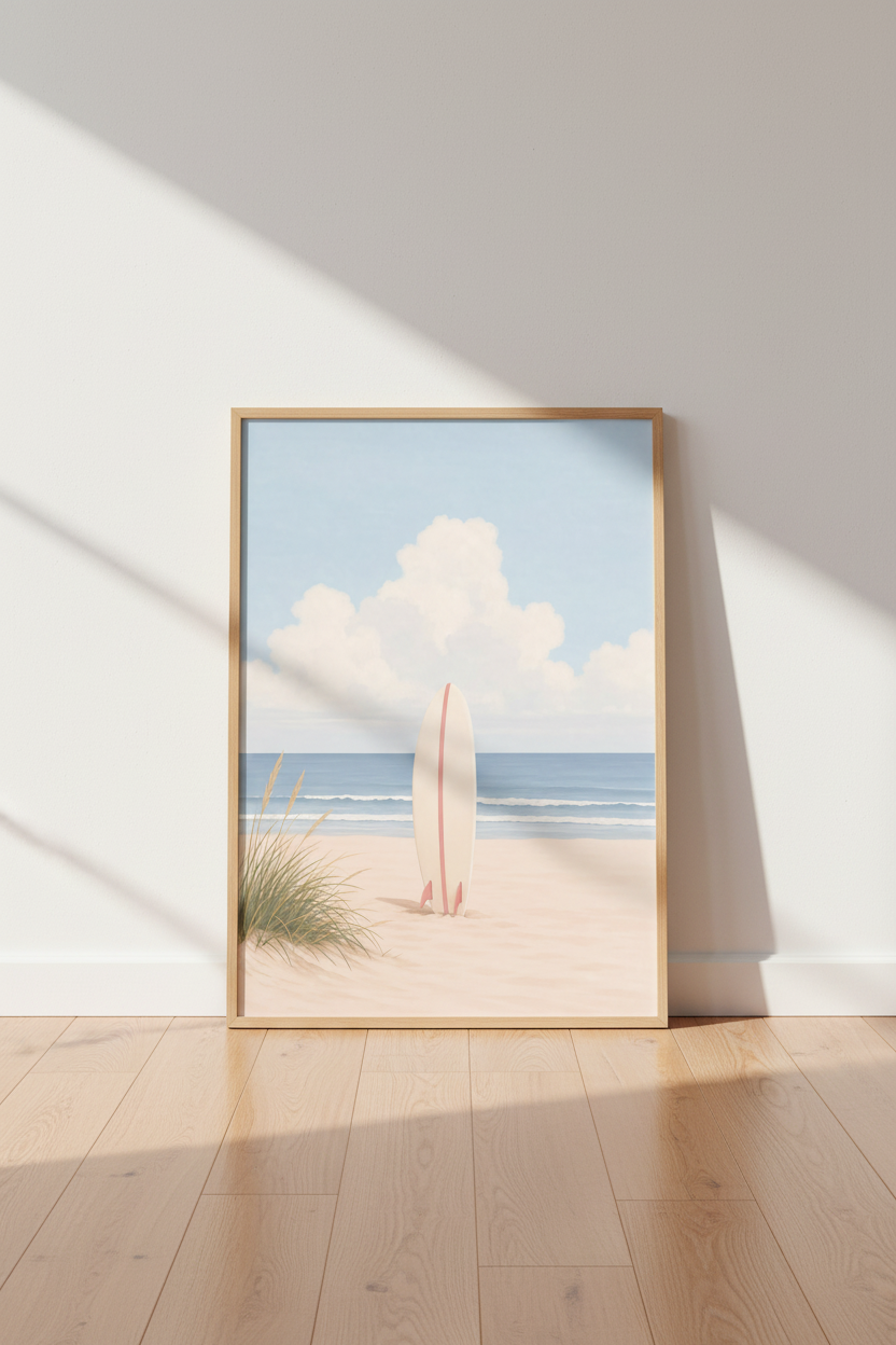Coastal Surfboard Wall Art | Pastel Beach Painting, Ocean Coastal Decor Poster