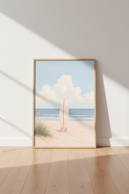 Coastal Surfboard Wall Art | Pastel Beach Painting, Ocean Coastal Decor Poster