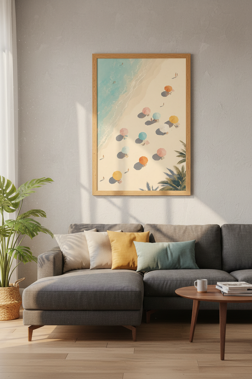 Aerial Beach Umbrella Wall Art | Pastel Coastal Decor | Minimalist Summer Poster Print