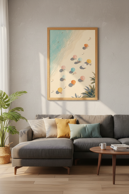 Aerial Beach Umbrella Wall Art | Pastel Coastal Decor | Minimalist Summer Poster Print