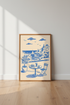 Mediterranean Coastal Scene Art Print | Santorini Blue Sketch, Greek Travel Poster