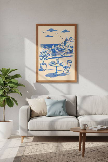 Mediterranean Coastal Scene Art Print | Santorini Blue Sketch, Greek Travel Poster