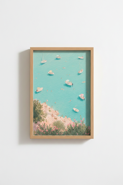 Coastal Beach Art Print | Pastel Mediterranean Poster, Ocean View Wall Decor