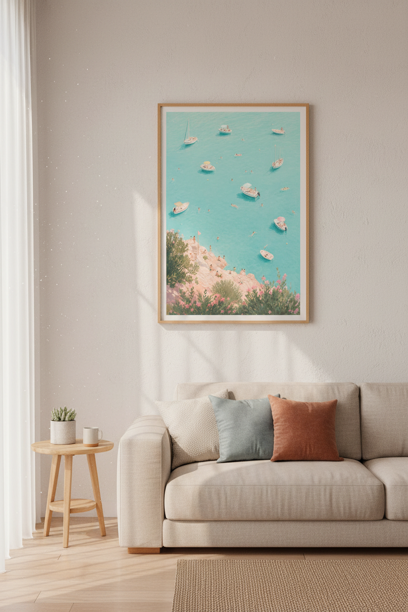 Coastal Beach Art Print | Pastel Mediterranean Poster, Ocean View Wall Decor