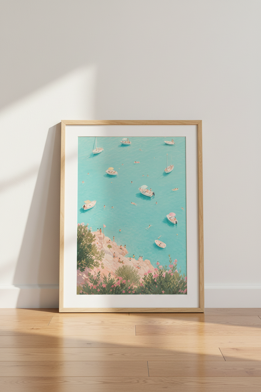 Coastal Beach Art Print | Pastel Mediterranean Poster, Ocean View Wall Decor