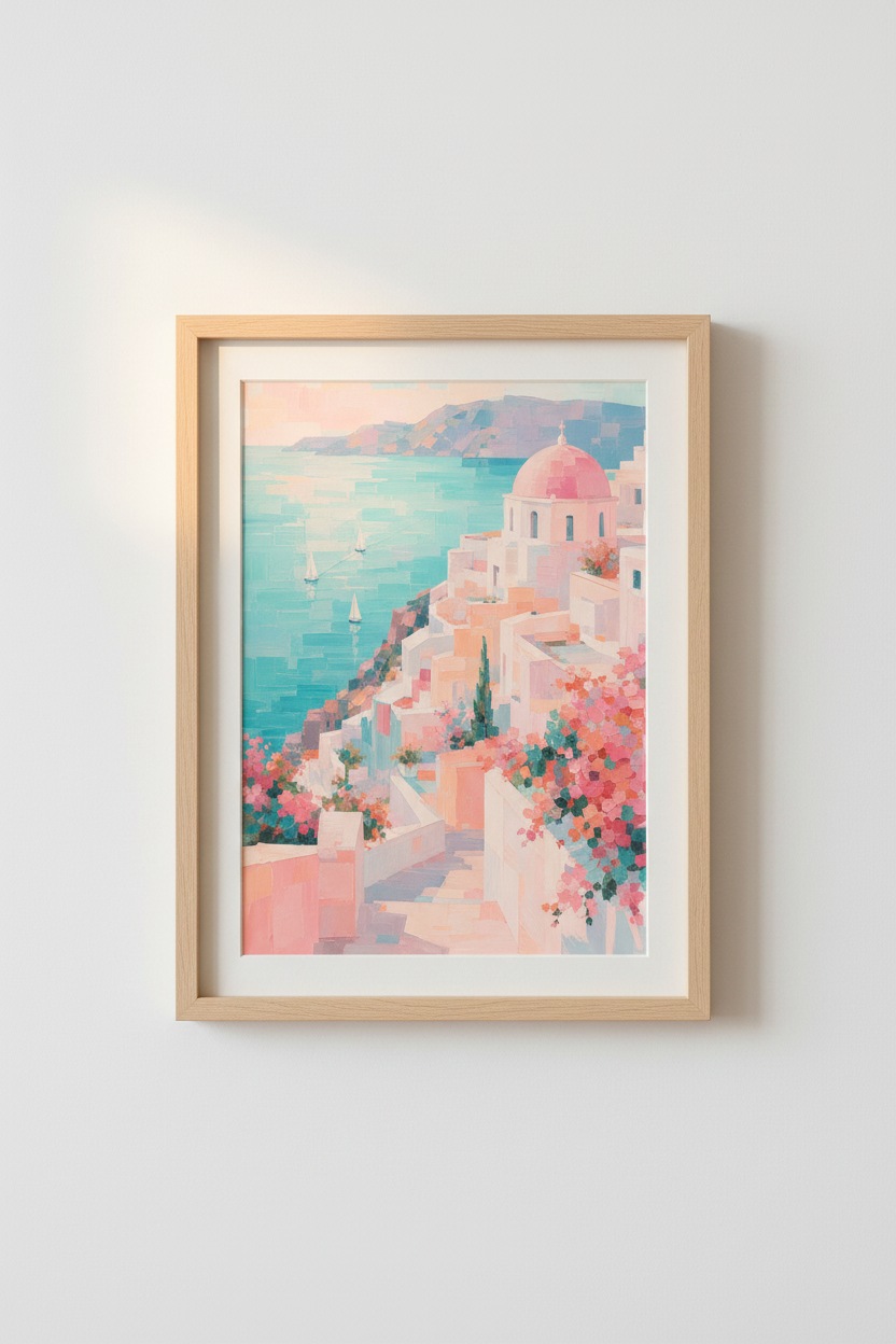 Santorini Coastal Wall Art | Pastel Greek Landscape Print, Mediterranean Decor