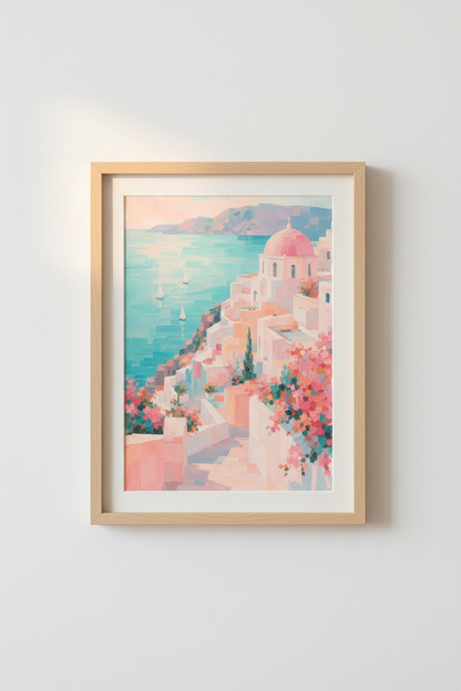 Santorini Coastal Wall Art | Pastel Greek Landscape Print, Mediterranean Decor