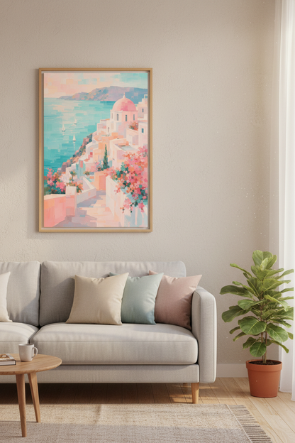 Santorini Coastal Wall Art | Pastel Greek Landscape Print, Mediterranean Decor