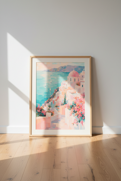 Santorini Coastal Wall Art | Pastel Greek Landscape Print, Mediterranean Decor