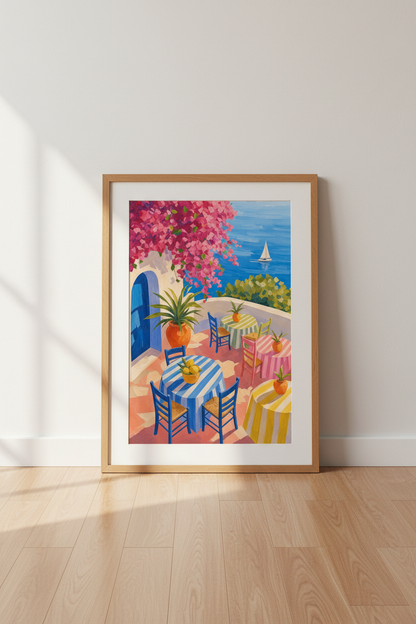 Greek Island Terrace Art | Mediterranean Coastal Decor | Blue Sea Poster