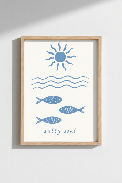 Coastal Blue Wall Art Print | Minimalist Fish &amp; Sun Poster, Beach House Decor