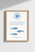 Coastal Blue Wall Art Print | Minimalist Fish & Sun Poster, Beach House Decor