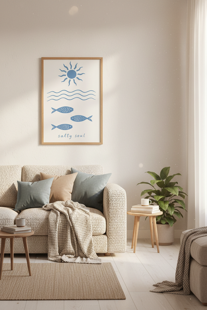 Coastal Blue Wall Art Print | Minimalist Fish &amp; Sun Poster, Beach House Decor