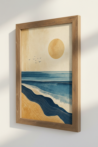 Abstract Ocean Sunset Wall Art | Blue Gold Coastal Decor | Minimalist Seascape Poster