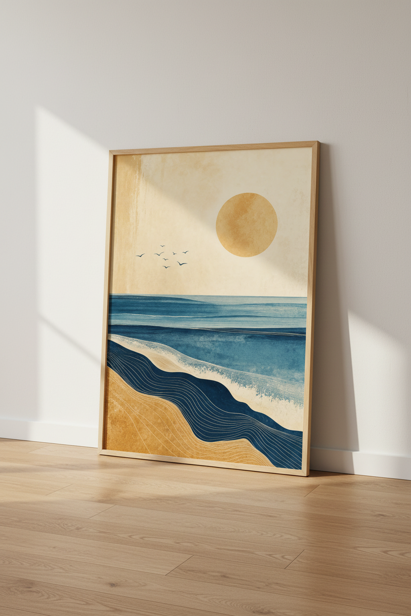 Abstract Ocean Sunset Wall Art | Blue Gold Coastal Decor | Minimalist Seascape Poster