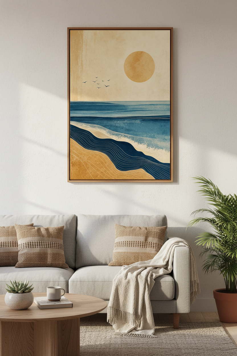 Abstract Ocean Sunset Wall Art | Blue Gold Coastal Decor | Minimalist Seascape Poster