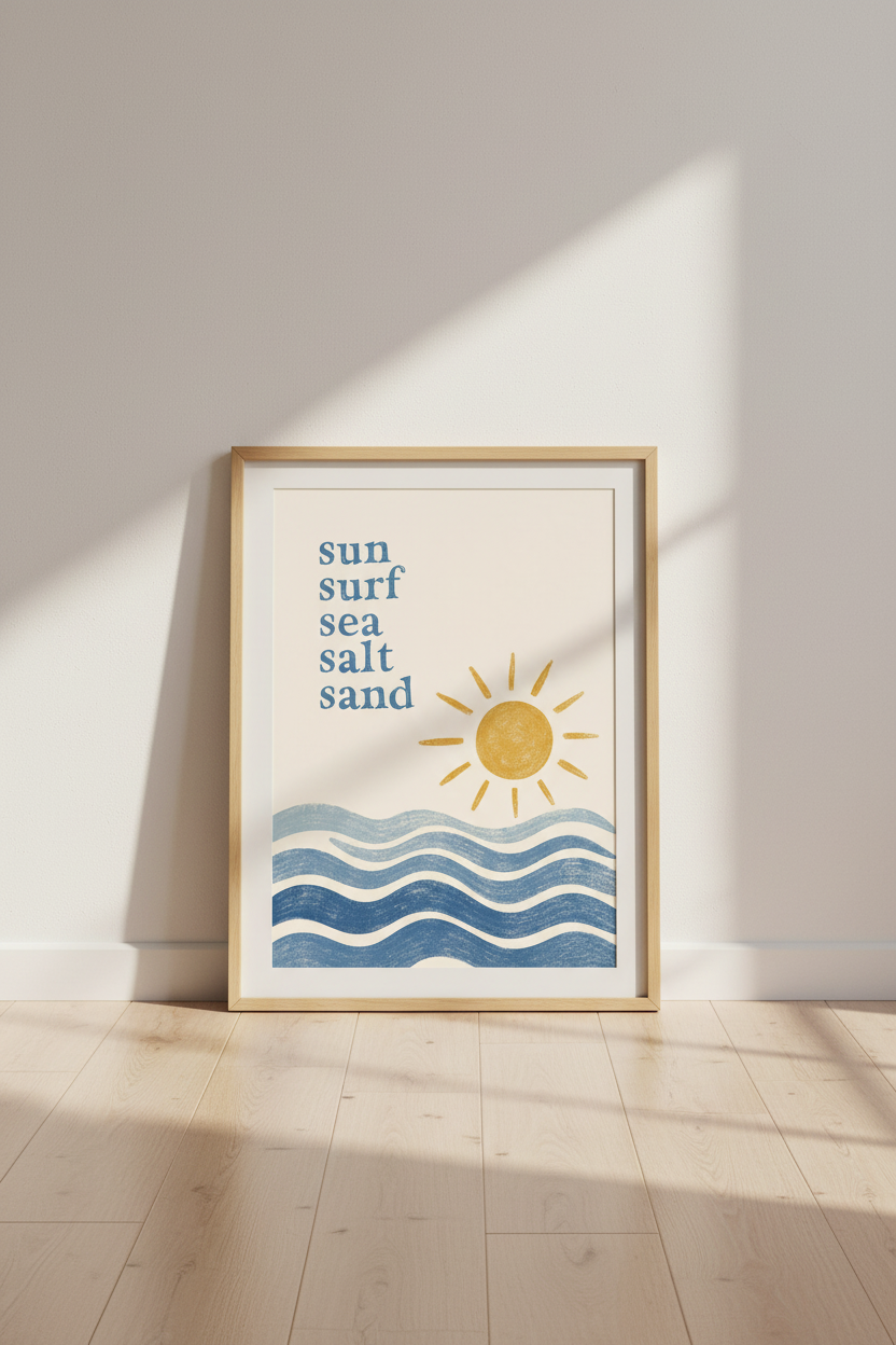 Coastal Beach Wall Art | Minimalist Sun &amp; Waves Print | Modern Beach House Decor