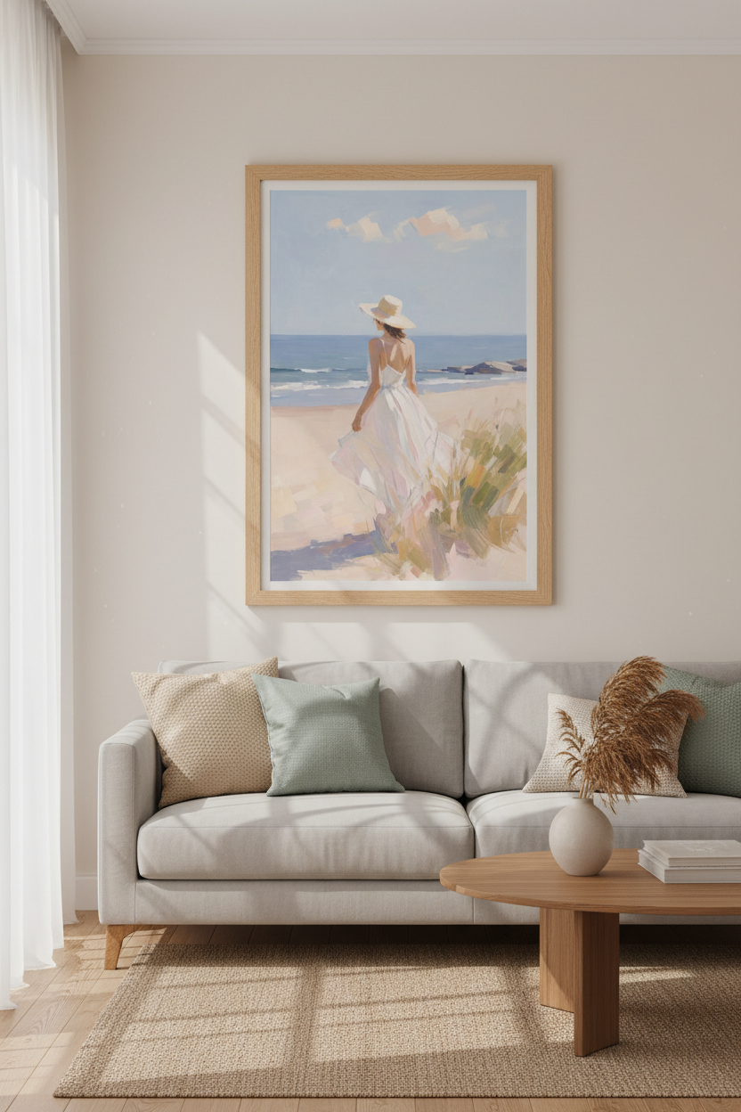 Coastal Woman Oil Painting | Seaside Beach Decor | Impressionist Poster