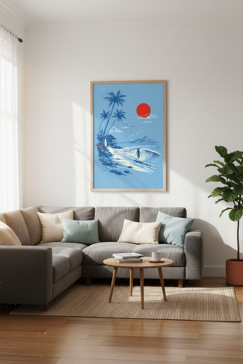 Retro Surf Beach Wall Art | Tropical Coastal Decor | Blue &amp; Red Minimalist Poster