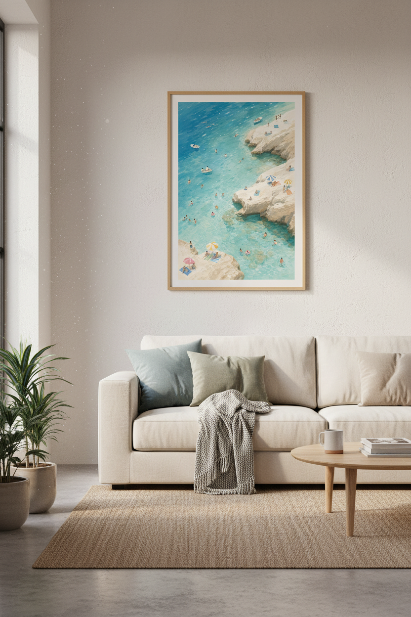Coastal Beach Wall Art Print | Mediterranean Aerial Poster, Summer Home Decor
