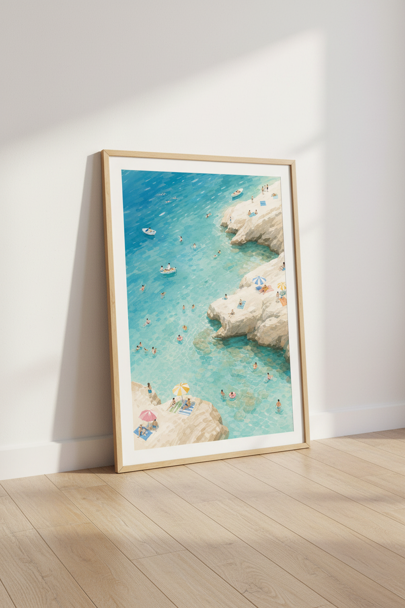 Coastal Beach Wall Art Print | Mediterranean Aerial Poster, Summer Home Decor