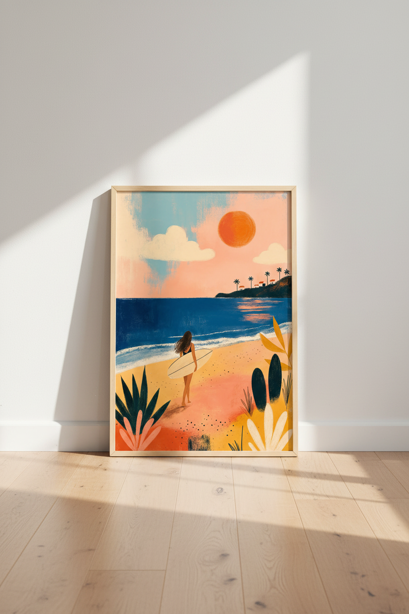 Surf Girl Beach Wall Art | Retro Sunset Coastal Poster, Living Room Decor