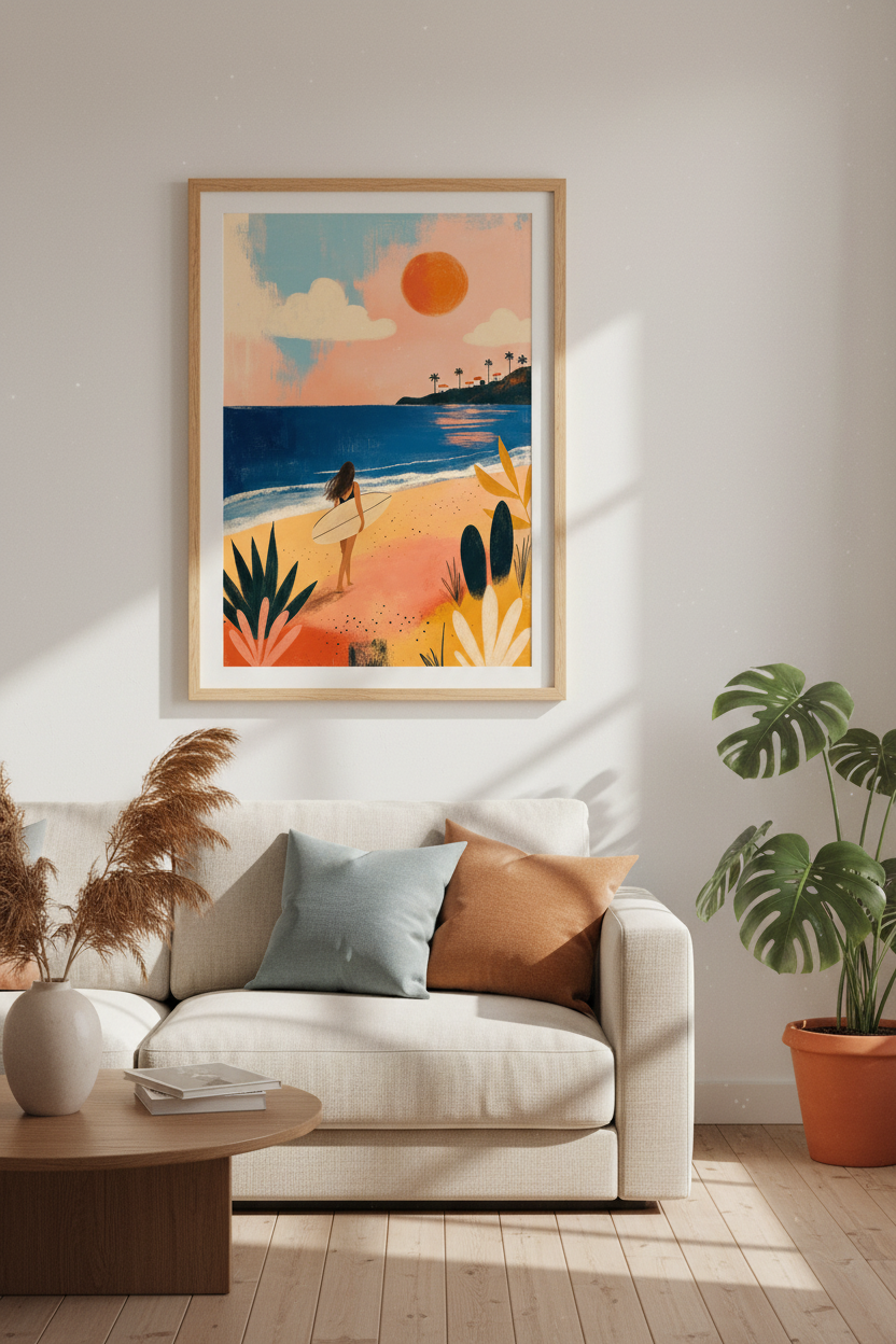 Surf Girl Beach Wall Art | Retro Sunset Coastal Poster, Living Room Decor