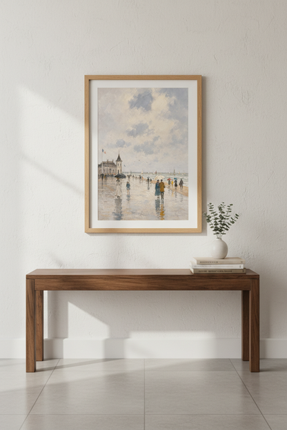 French seaside art | Soft blues, muted beiges, coastal living room decor