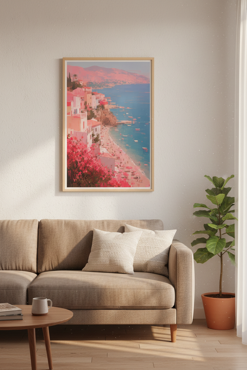 Pastel Coastal Wall Art Print | Italian Riviera Decor | Pink Beach Poster