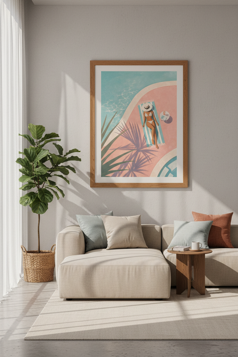 Poolside Woman Wall Art | Pink &amp; Teal Summer Decor, Retro Chic Poster