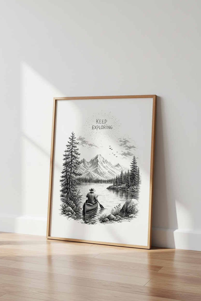 Keep Exploring Mountain Lake Art | Black and White Canoe Poster, Rustic Cabin Decor