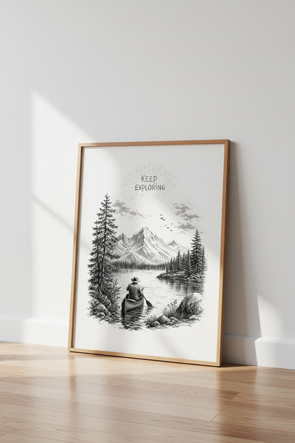 Keep Exploring Mountain Lake Art | Black and White Canoe Poster, Rustic Cabin Decor