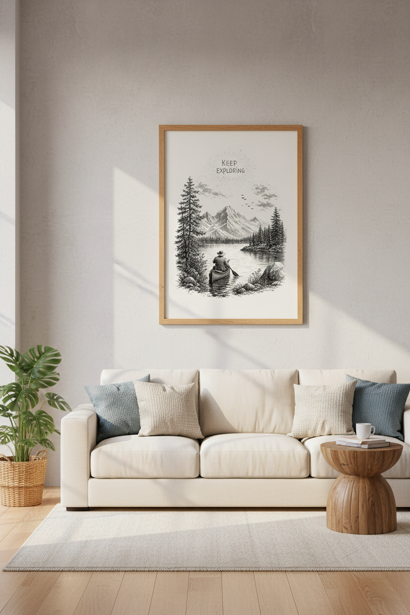 Keep Exploring Mountain Lake Art | Black and White Canoe Poster, Rustic Cabin Decor