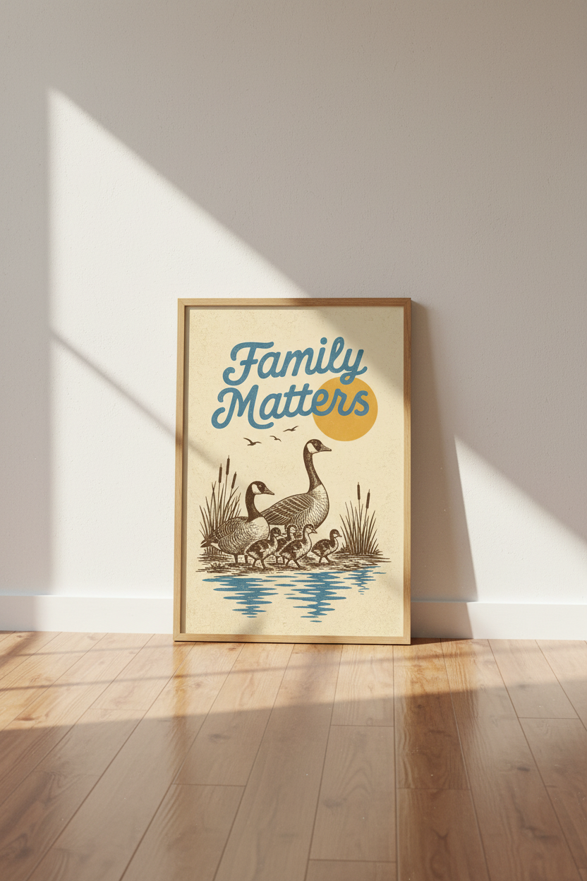 Vintage Goose Family Matters Wall Art | Retro Nursery Decor | Rustic Nature Poster