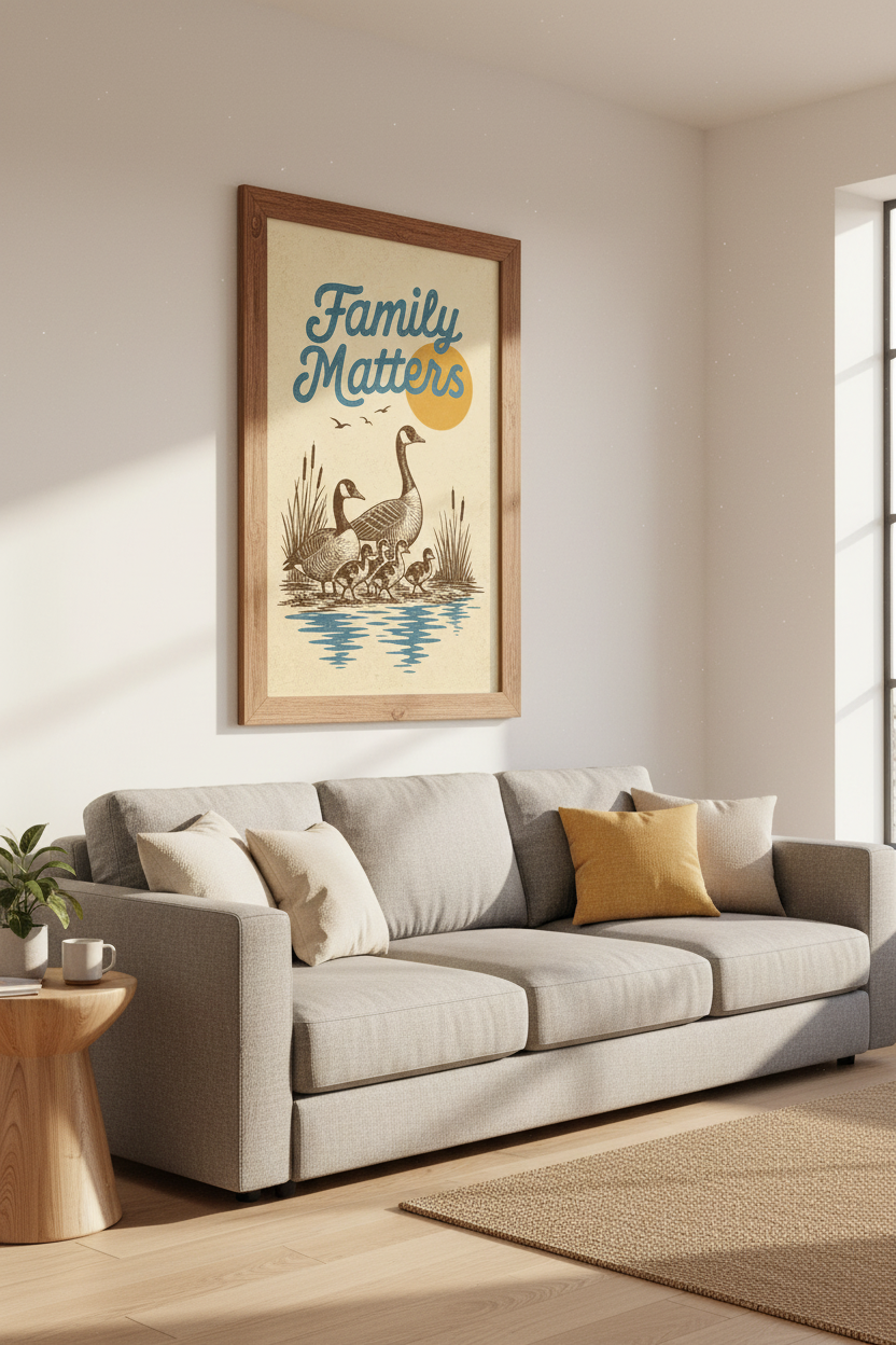 Vintage Goose Family Matters Wall Art | Retro Nursery Decor | Rustic Nature Poster