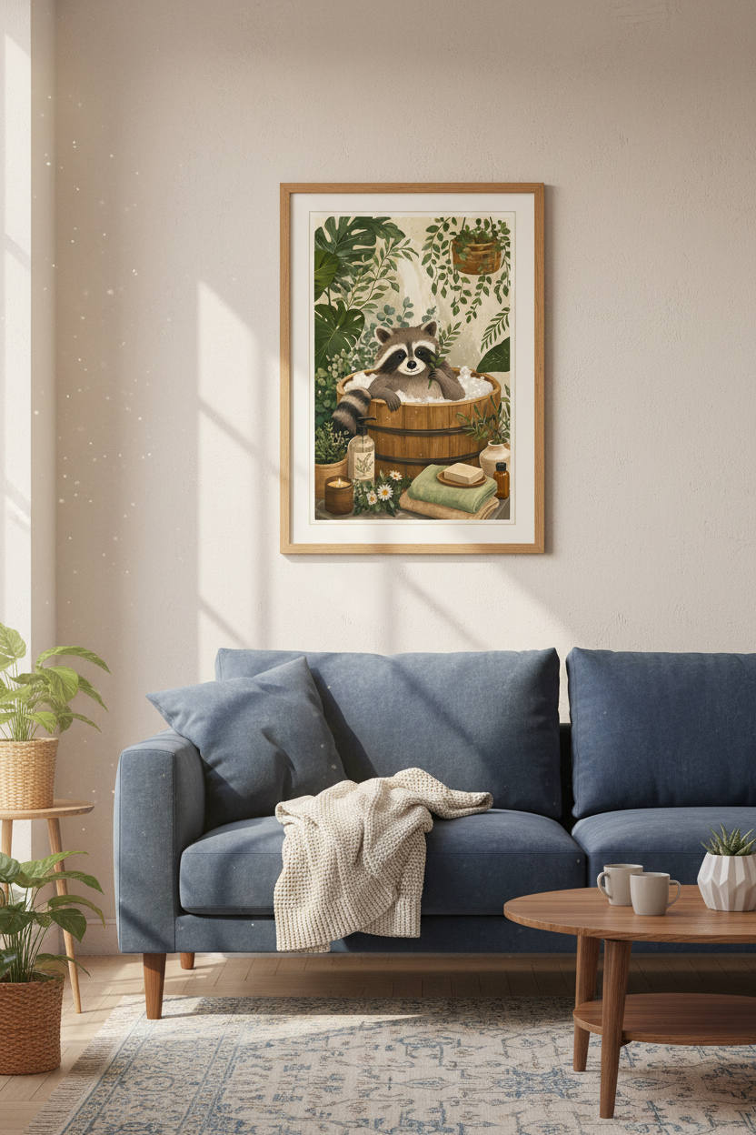Raccoon in Bathtub Wall Art | Botanical Bathroom Decor | Whimsical Animal Poster