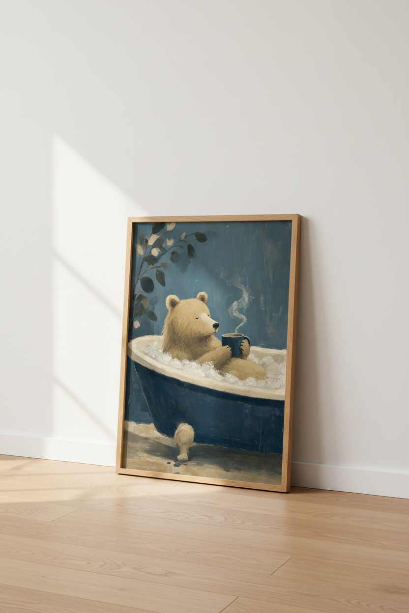 Bear in Bathtub Wall Art Print | Bathroom Decor | Whimsical Animal Poster