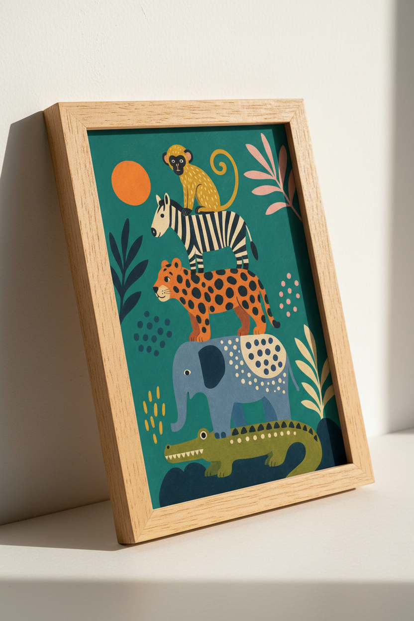 Safari Animal Stack Print | Colorful Jungle Nursery Decor | Boho Folk Art Poster