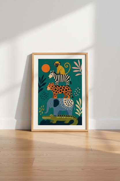 Safari Animal Stack Print | Colorful Jungle Nursery Decor | Boho Folk Art Poster