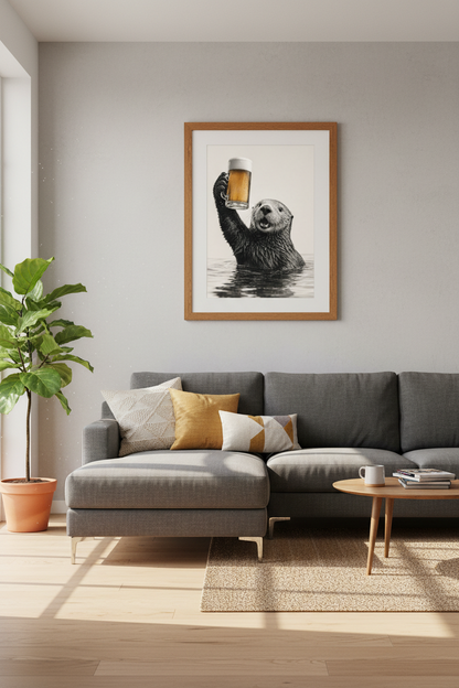 Otter Drinking Beer Wall Art | Funny Bar Decor | Whimsical Animal Poster