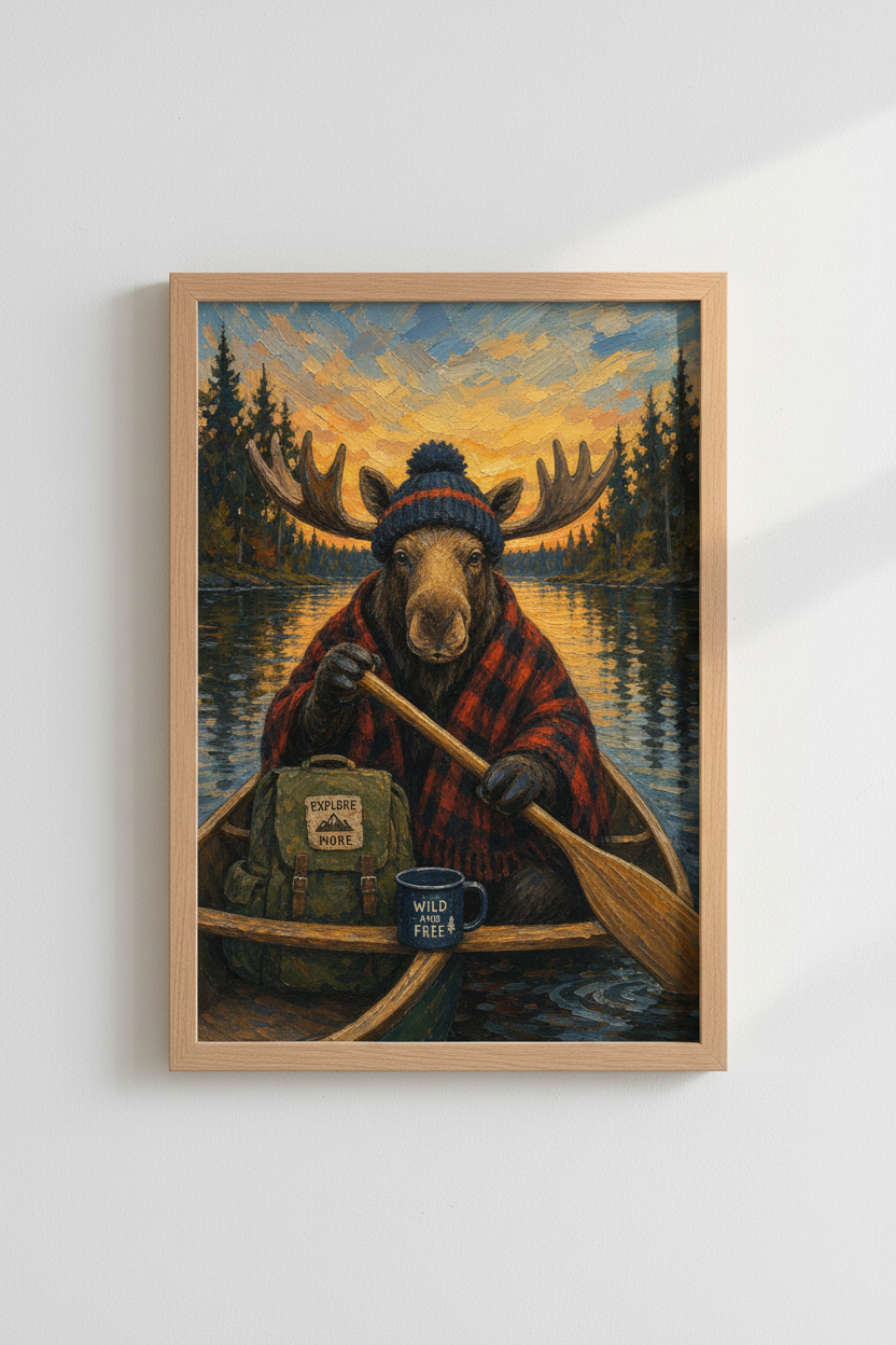 Rustic Cabin Wall Art Print | Moose Canoe Decor | Lake House Poster