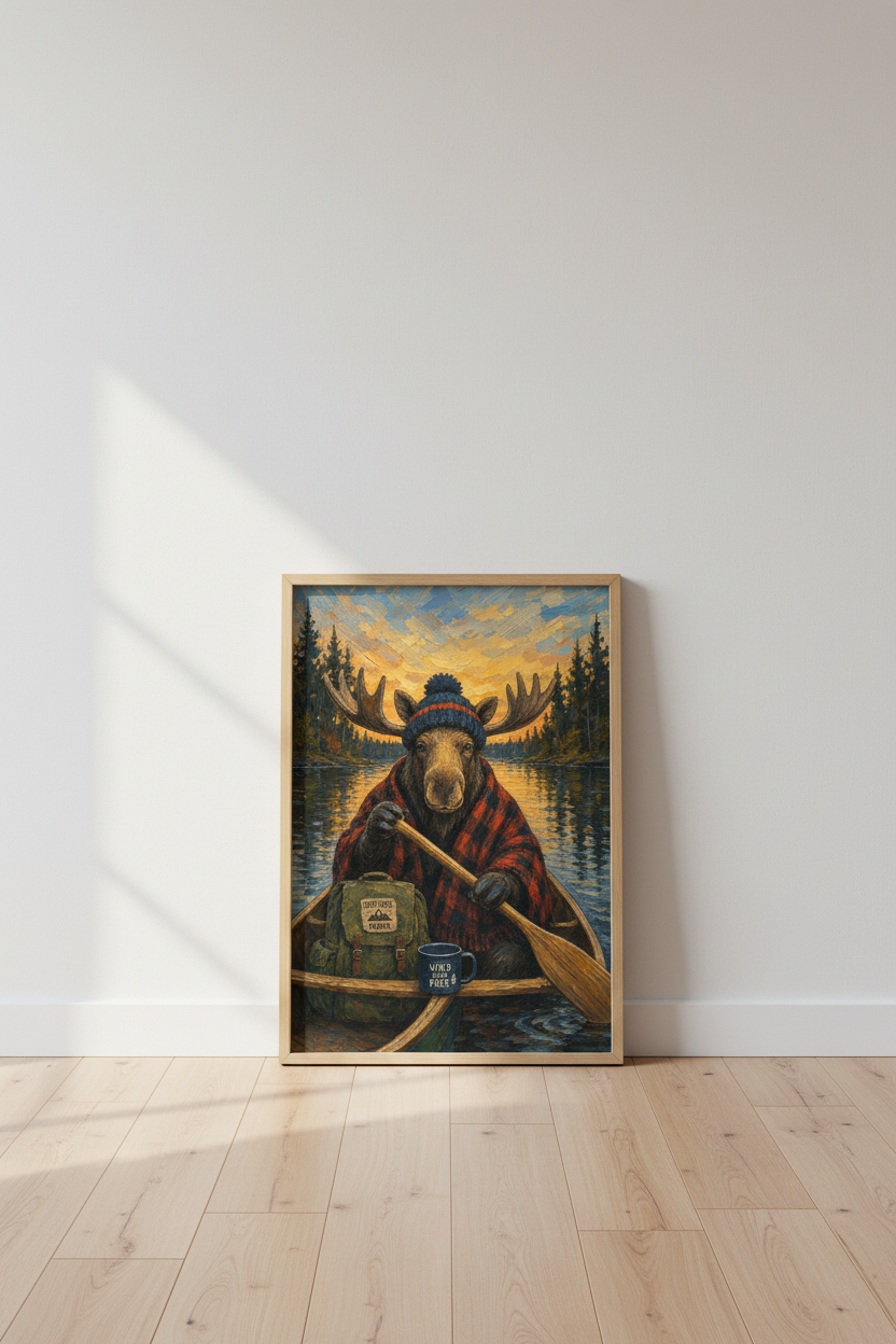 Rustic Cabin Wall Art Print | Moose Canoe Decor | Lake House Poster
