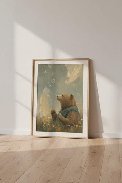 Whimsical Bear Bubbles Wall Art | Nursery Decor | Impressionist Animal Poster